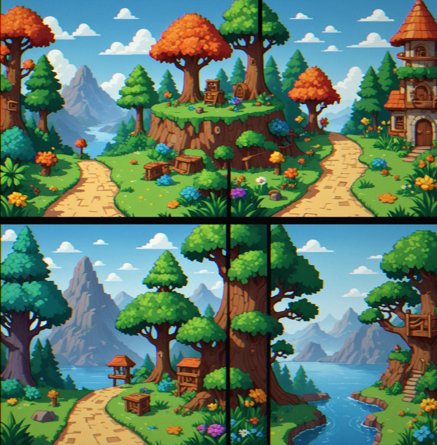 Four puzzle examples arranged left-to-right showing gentle difficulty progression from simple to complex layouts