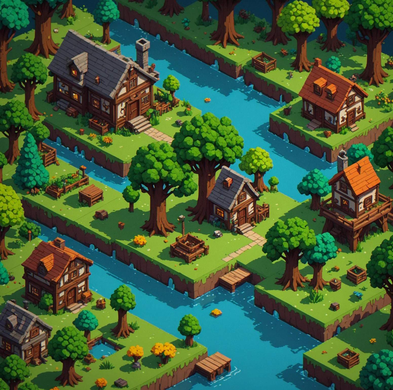 Three distinct Pixelbrook biome environments displaying unique pixel-art architecture and color palettes