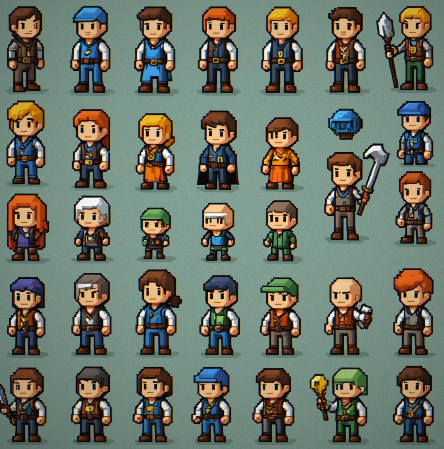 Eight unique NPC character designs displayed in a grid with varied pixel-art styles and personalities
