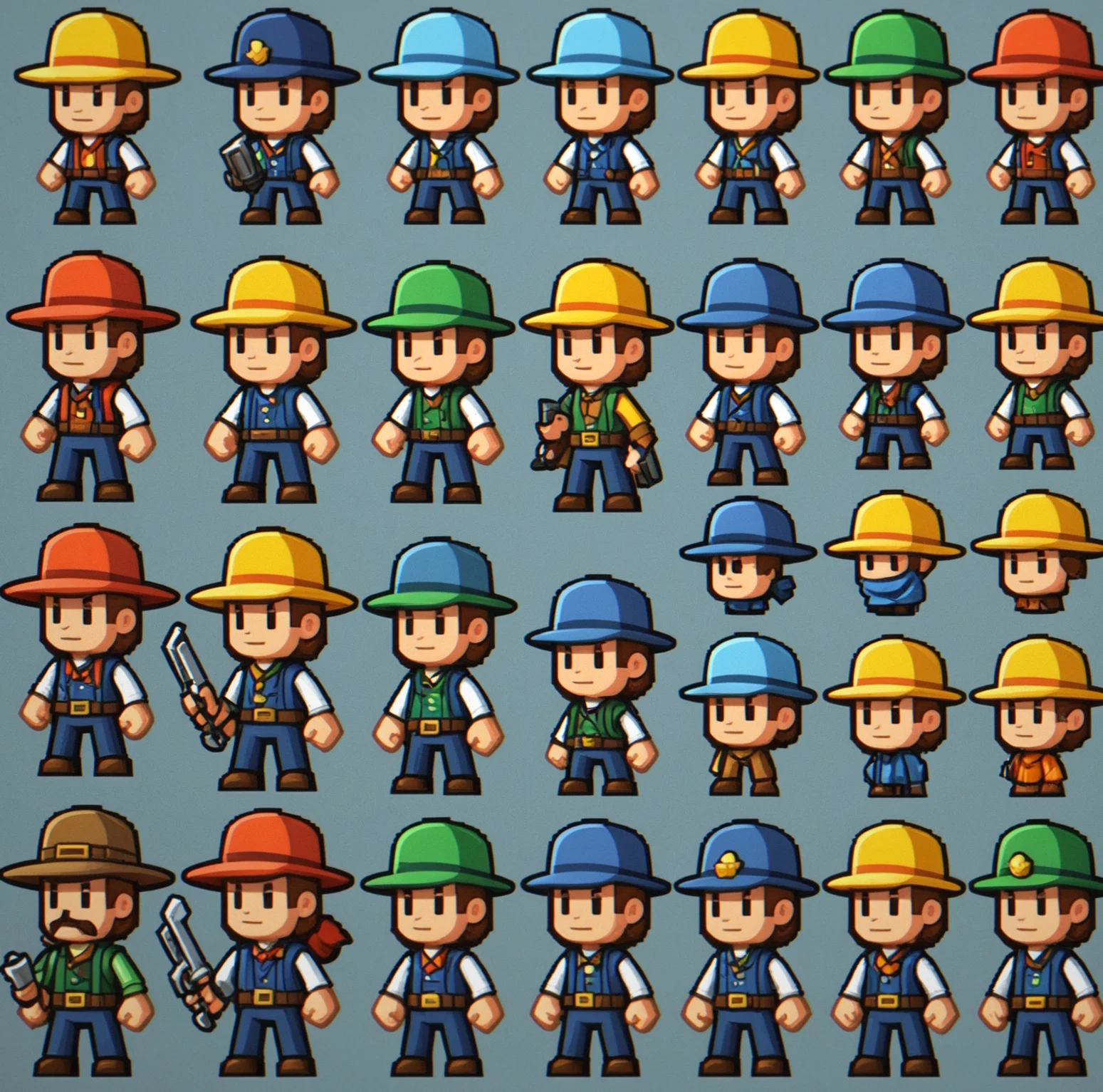 Character sprite sheet showing six alternate color palettes and four different hat styles side-by-side