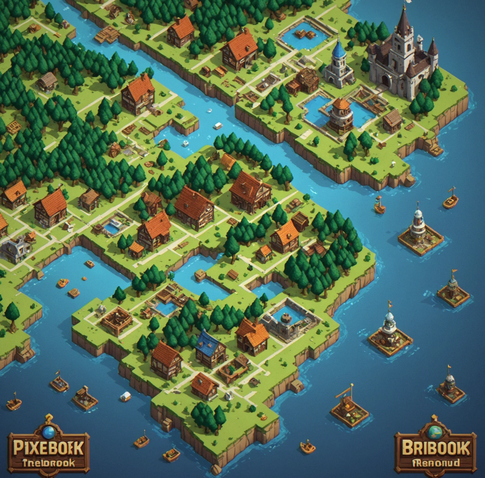 Pixelbrook world map showing eight interconnected regions with distinct architectural styles