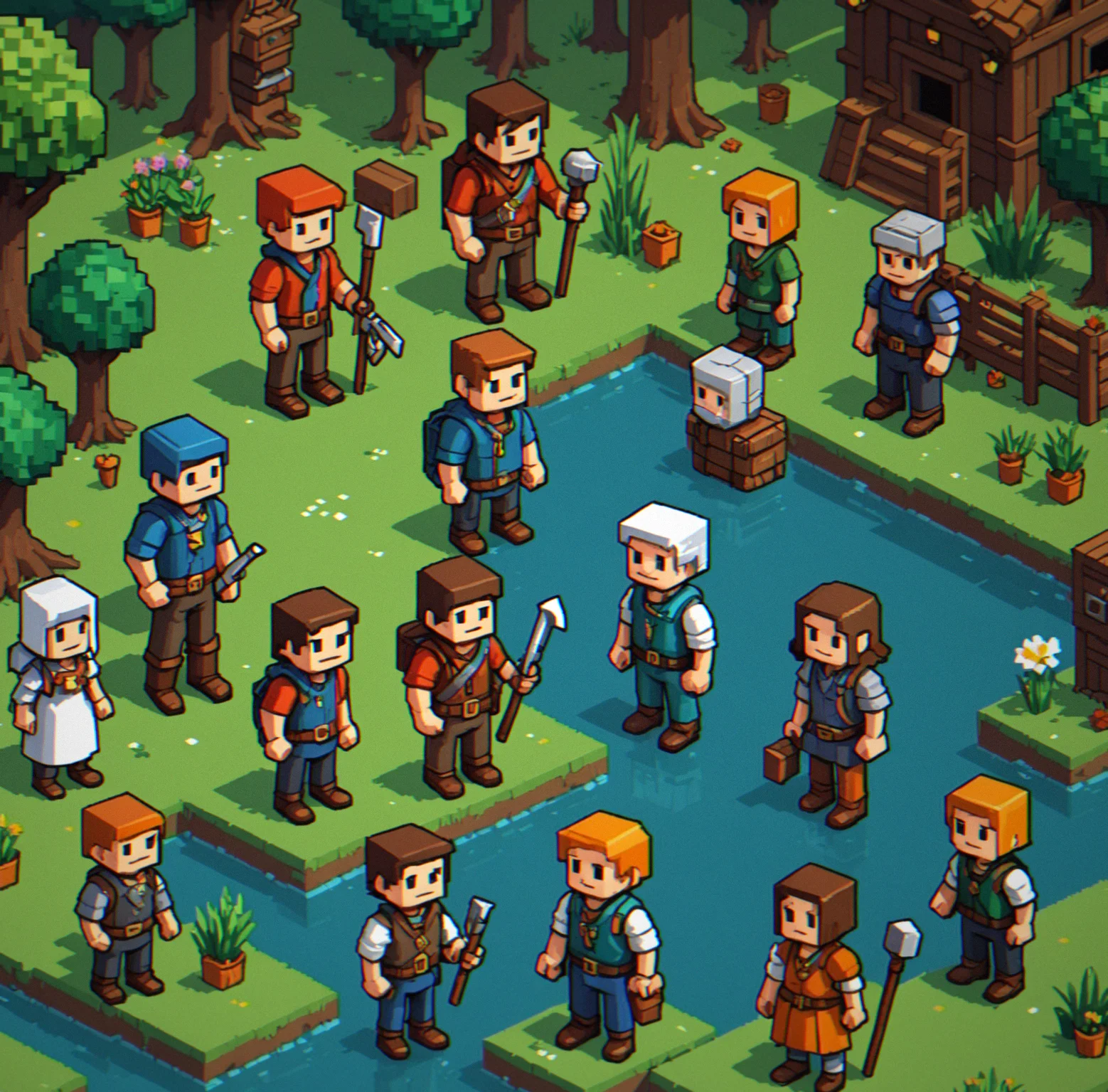 Seven unique Pixelbrook NPC characters displayed in a gallery with distinct pixel-art designs