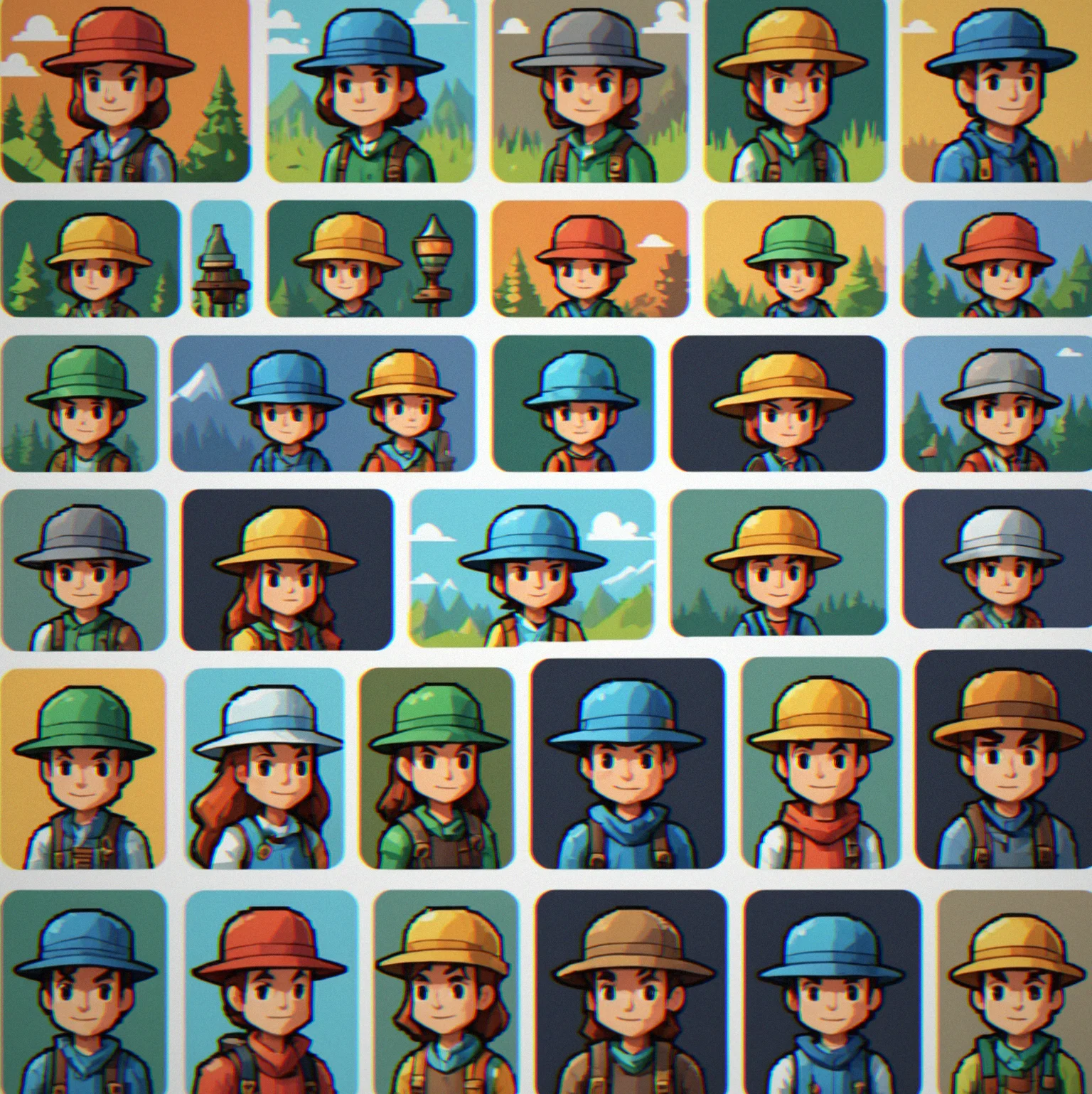 Character customization grid displaying six color palette options and four different hat accessories