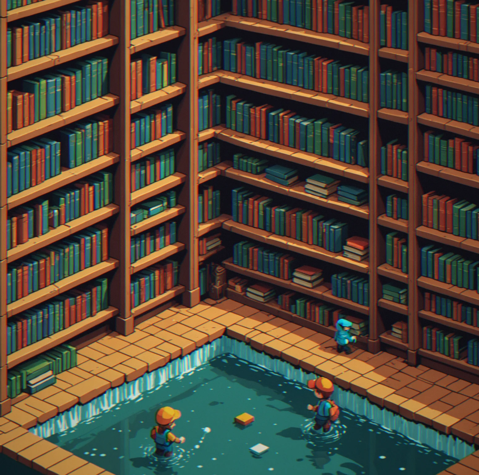 Pixelbrook's waterlogged library where you're jumping between floating bookshelves and wet platforms while solving puzzles