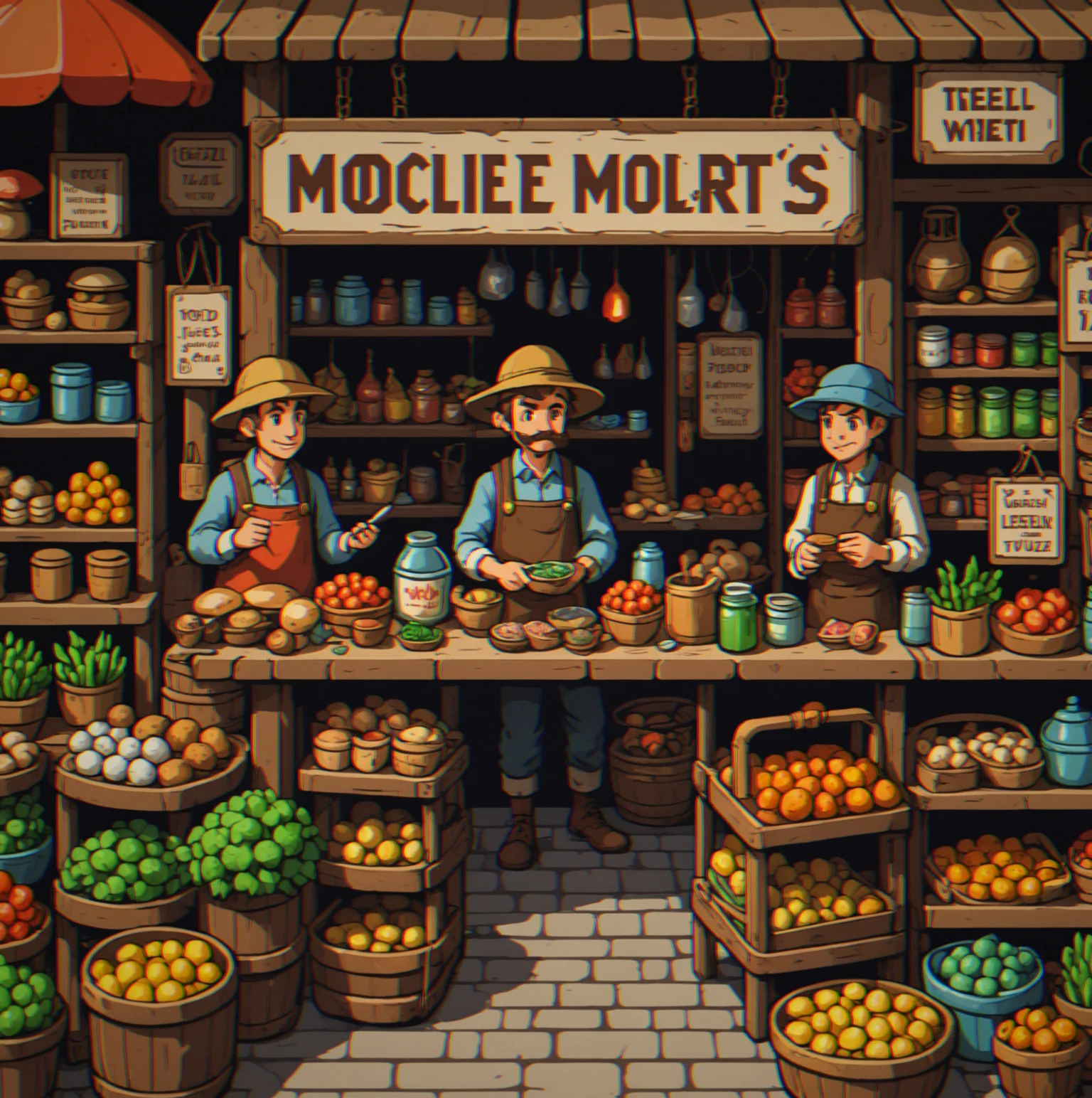 An NPC vendor at the mushroom market stall surrounded by goods and other odd characters