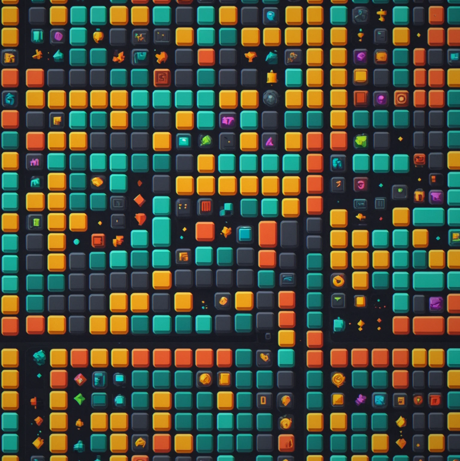 A mid-game puzzle mixing colored blocks, floor switches, and logic gates that need to be solved in order