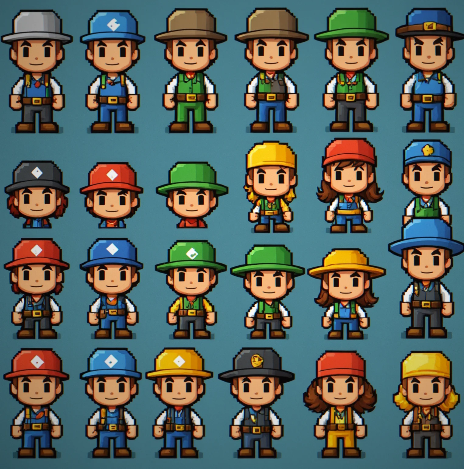 Character customization menu with several sprite color options and different hat styles to pick from