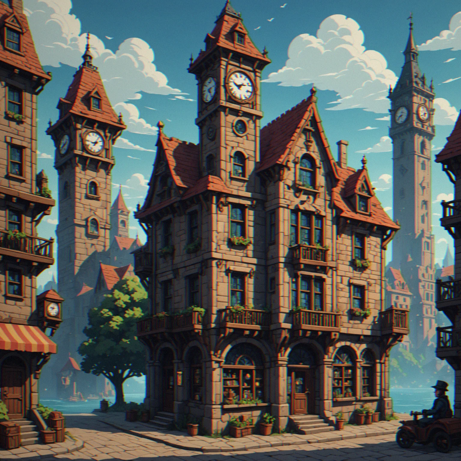 The clocktower district with fancy mechanical architecture, gear-based puzzles, and NPCs themed around time