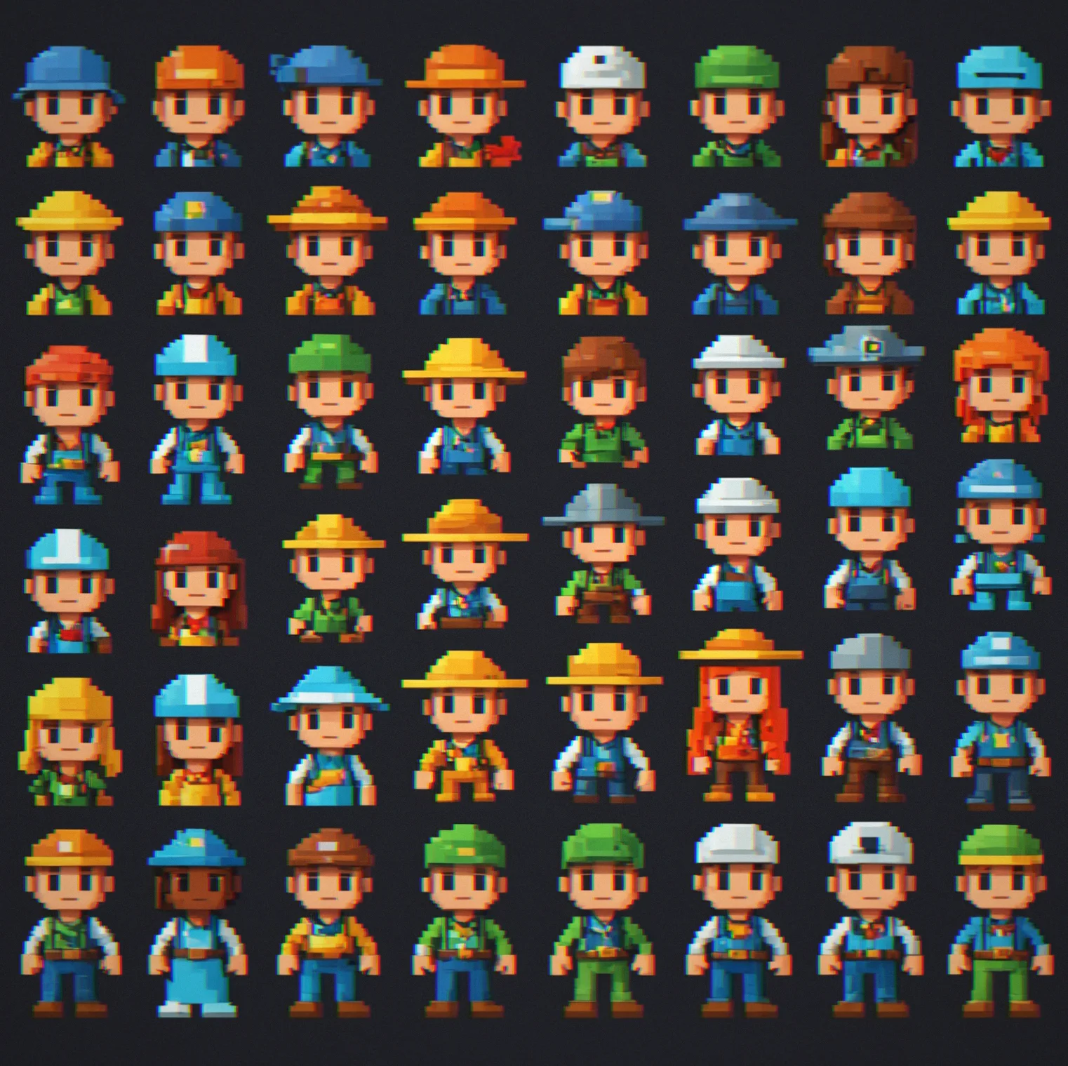 Grid display of unlockable character skins, hat variations, and alternative pixel-art color palettes
