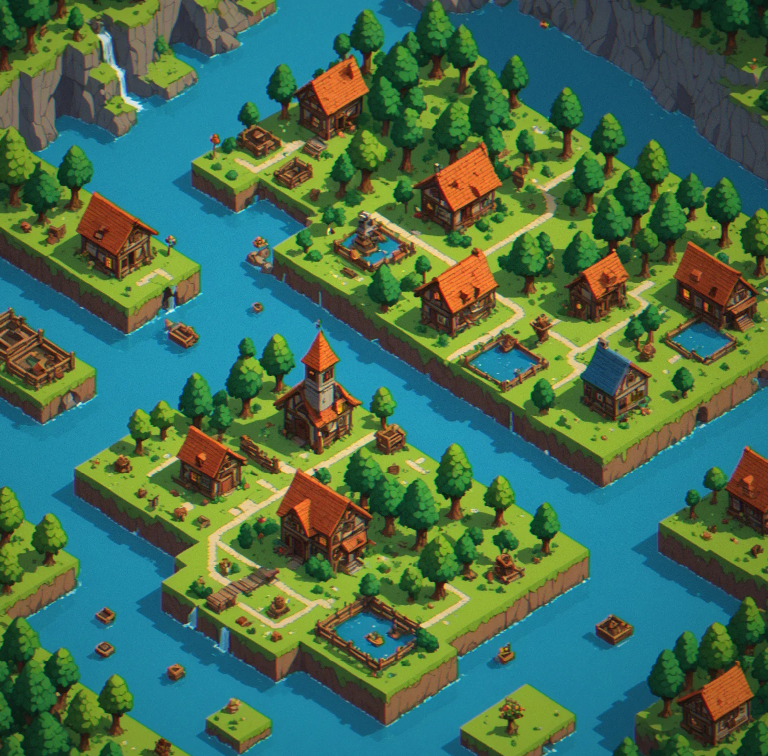 Pixelbrook level progression map showing eight distinct regions with unlocked and locked areas