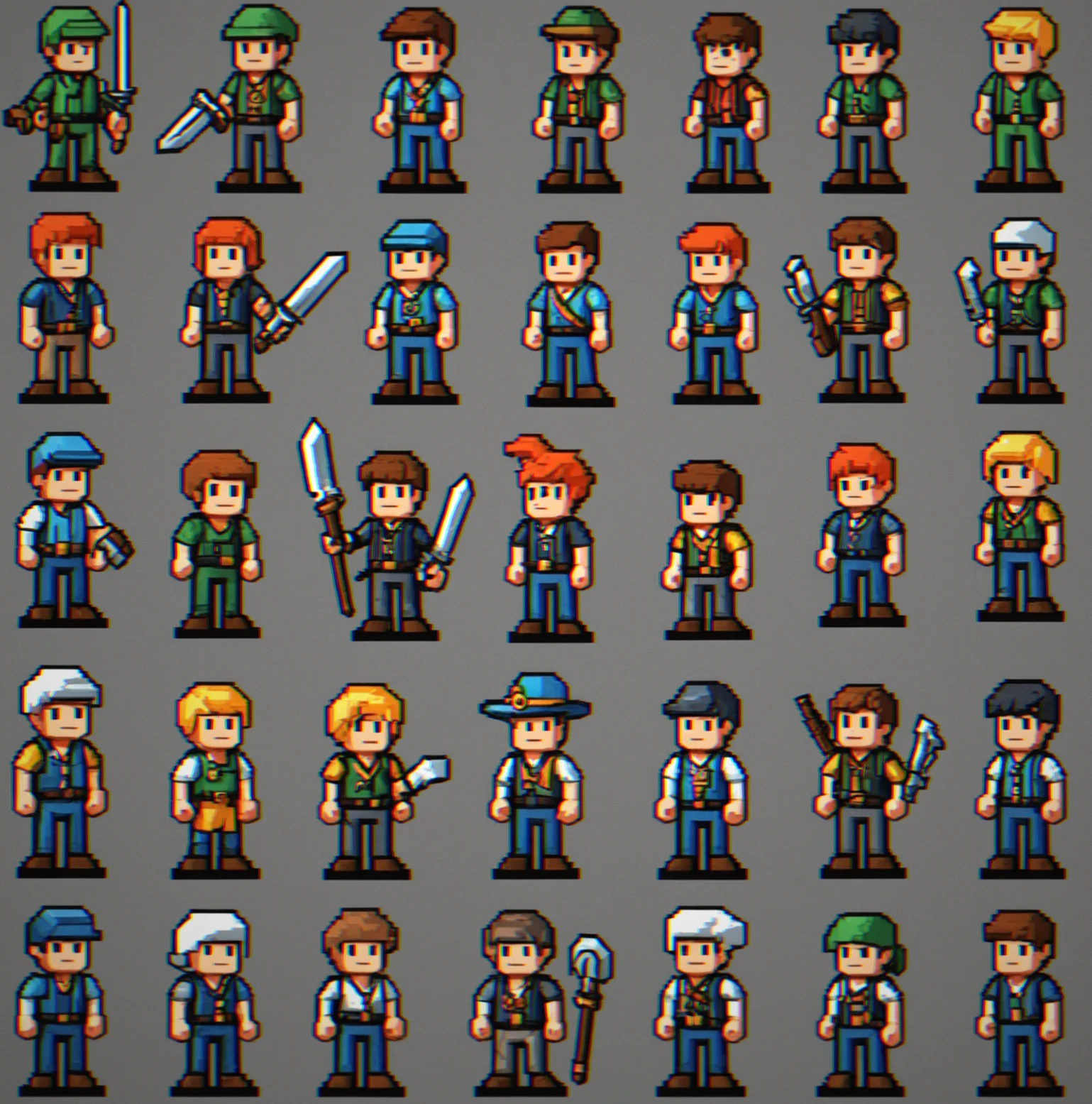 Collection of five unique pixel-art NPC characters with distinct visual designs and personalities
