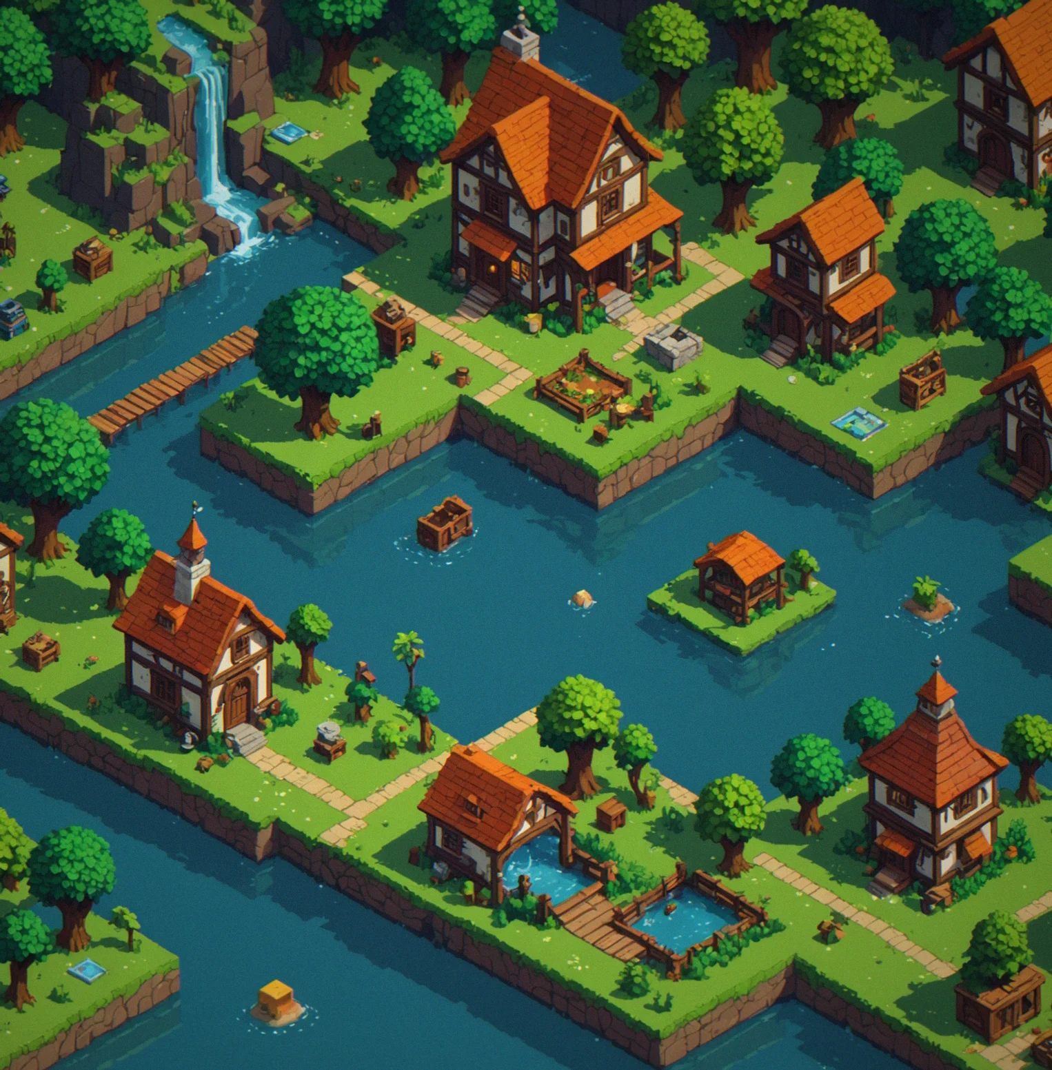 Pixel-art showcasing four distinct game regions with unique tileset and architectural styles
