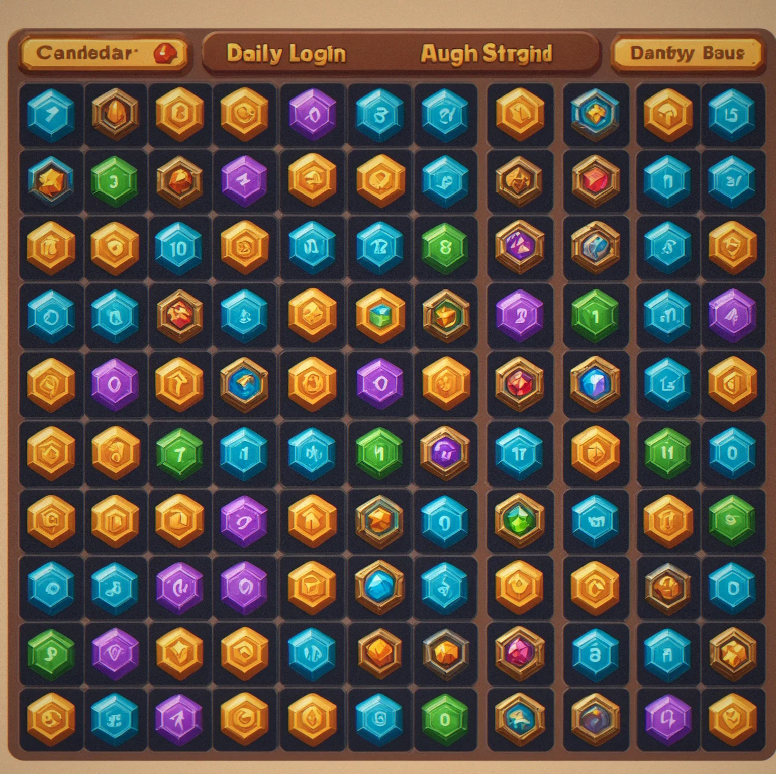 Screenshot of daily login calendar showing cosmetic rewards and bonus coins for consecutive days