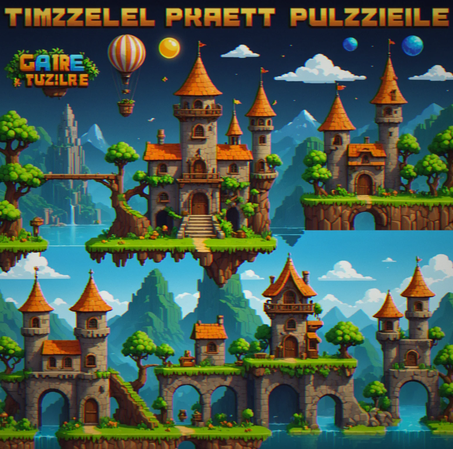 Four different region tilesets showing contrasting architecture and pixel-art environments
