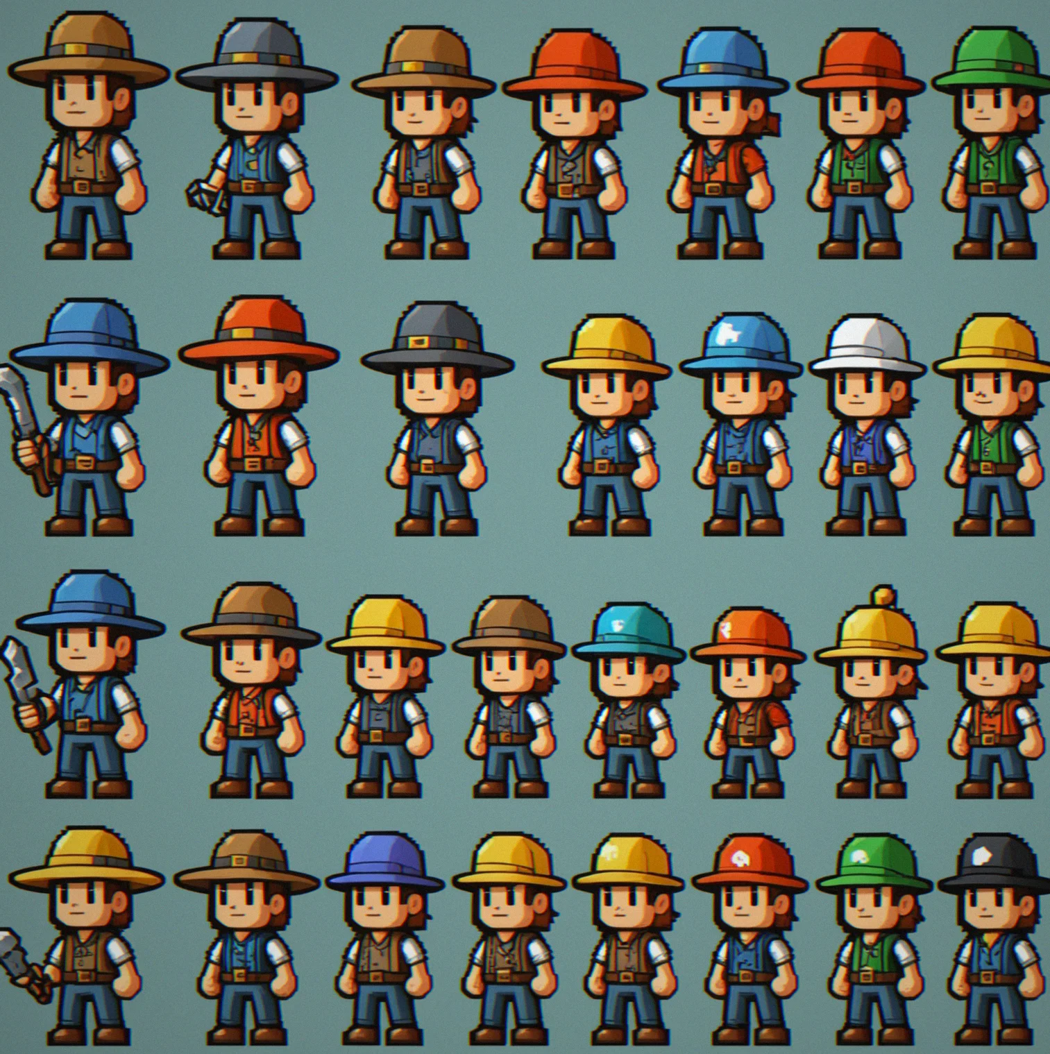 Character sprite sheet displaying six alternative color palettes and hat variations