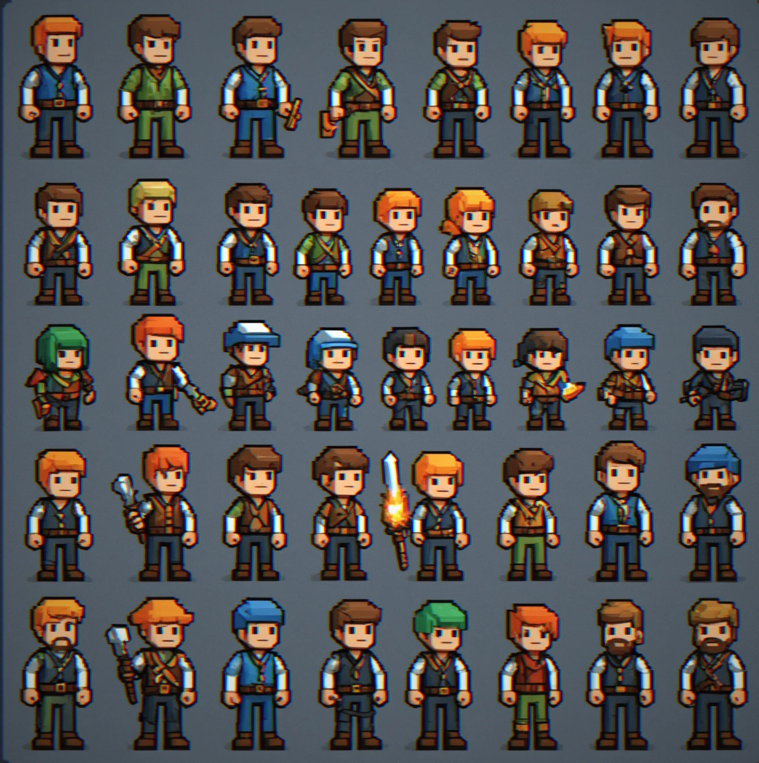 Collection of six unique NPC character designs with varied pixel-art expressions and silhouettes