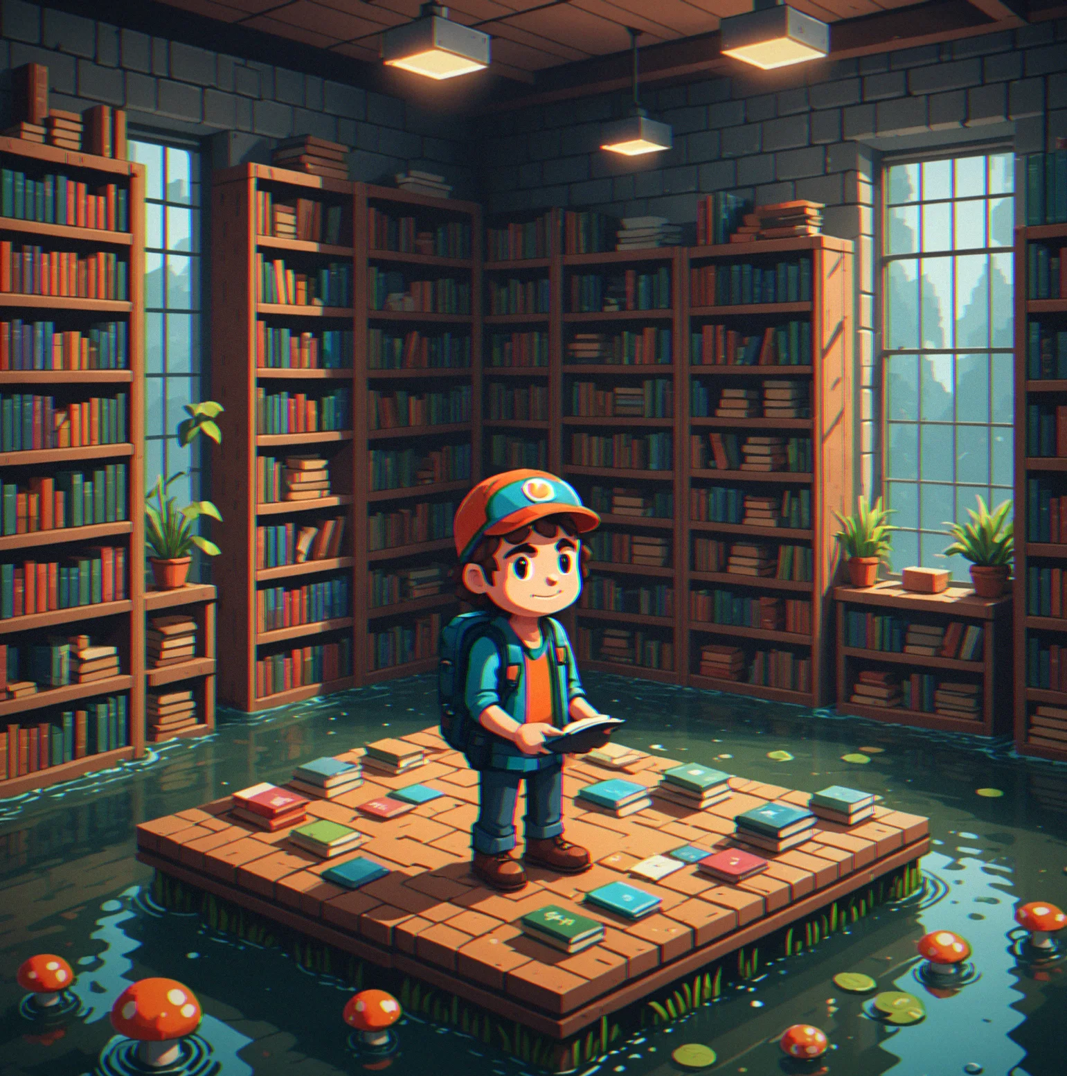A pixel-art character standing in a flooded library surrounded by stacked books and mushroom NPCs in the Pixelbrook hero scene