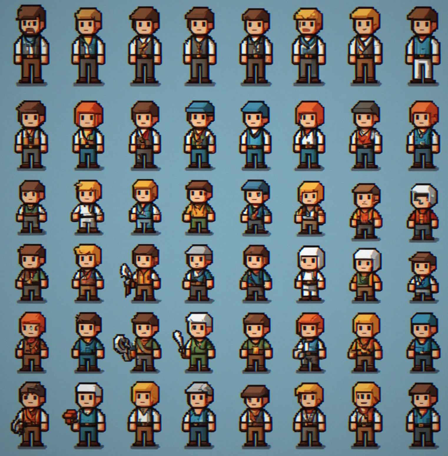 Grid of eight unique Pixelbrook NPC character designs with varied pixel-art personalities
