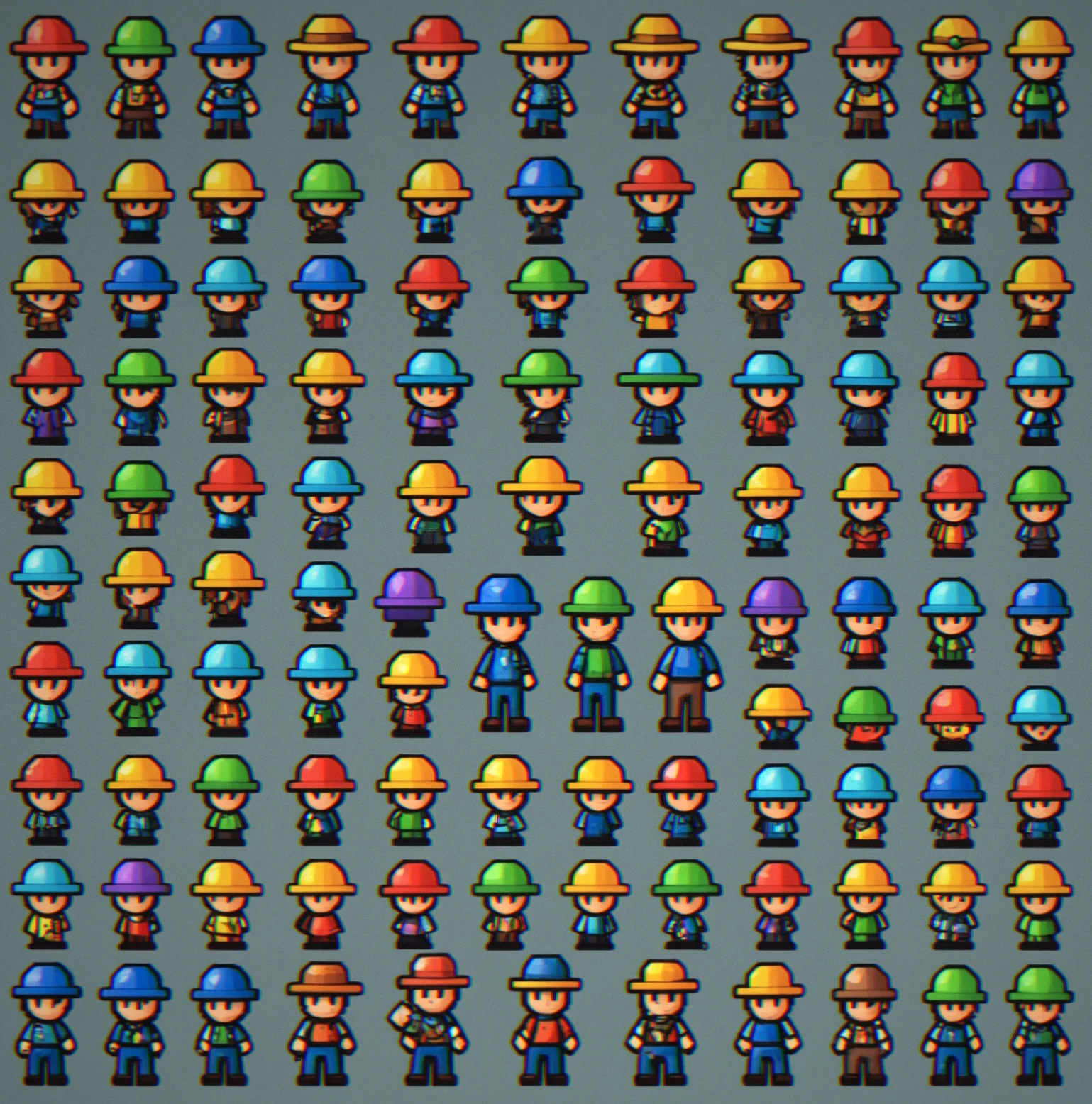 Character sprite sheet displaying six color palette variations and four hat style options